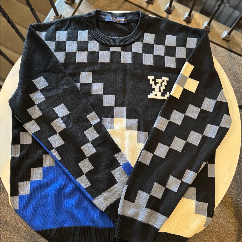 Louis Vuitton Black and Blue Crewneck Sweater with Checkered Design